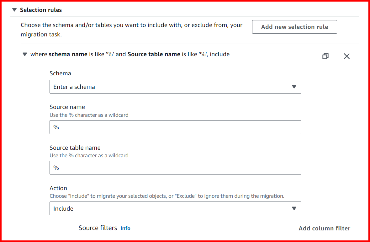 Picture showing the section of screen to select the selection rules